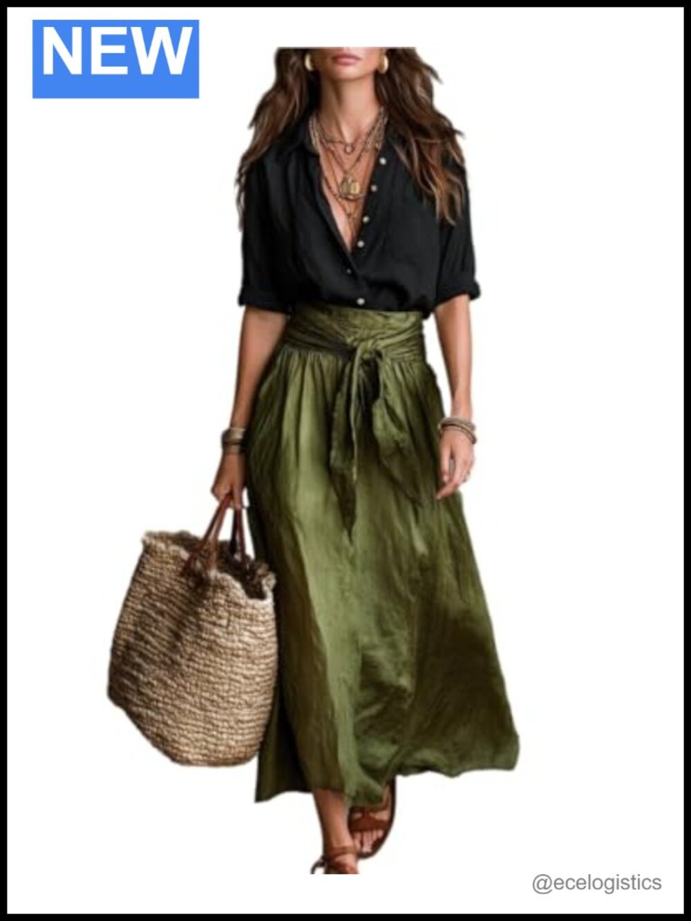 Two Piece Skirt Set V Neck Blouse Belted Maxi Skirt Polyester Sleeveless